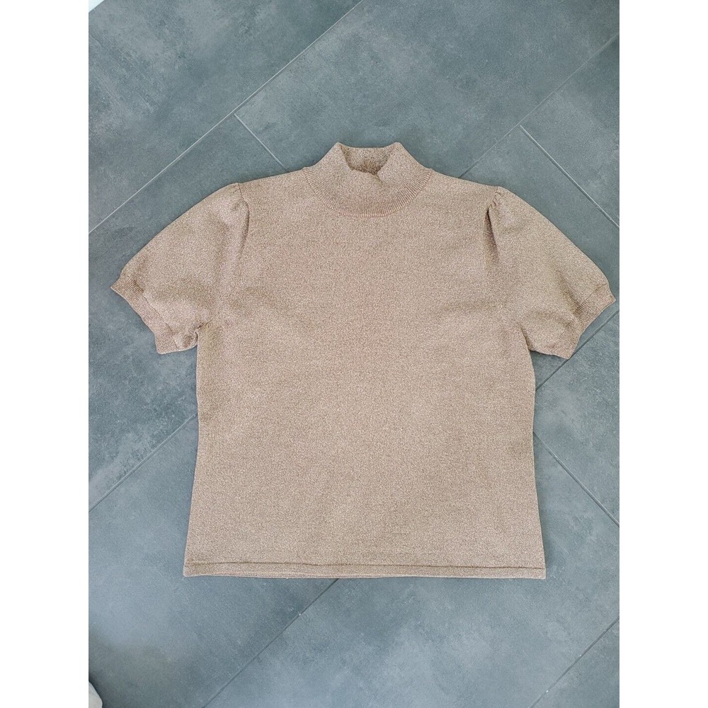 EVIE Sweater Gold XL Silk Viscose Blend Puff Sleeve Shimmer Sparkle Mock Neck